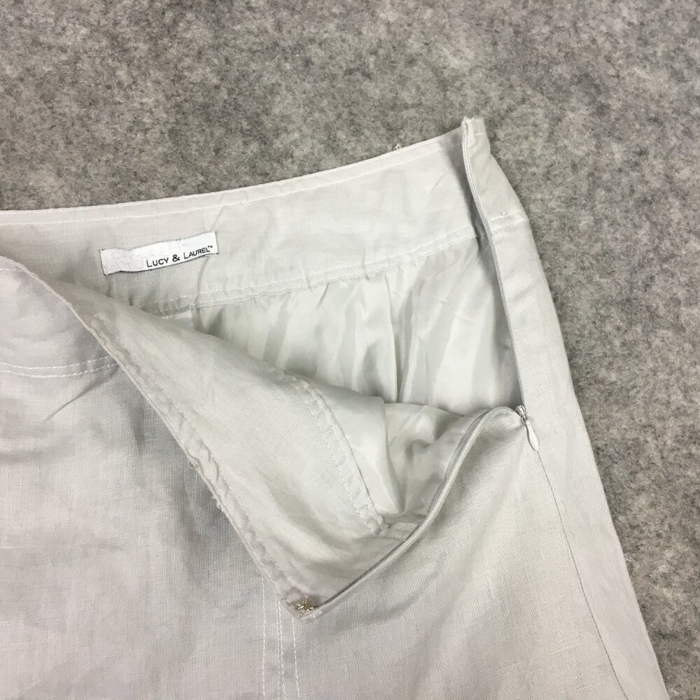 Lucy Laurel Skirt 10 Midi 100 Linen Gray Twirl Trumpet Career Casual Stripes - Picture 5 of 12
